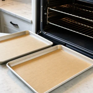 Mit Backpapier belegte Bleche neben dem offenen Backofen