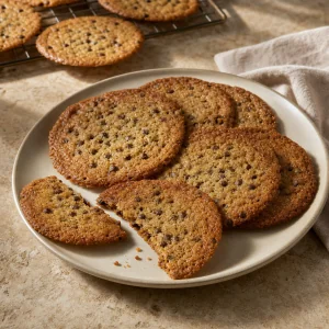 Dünne knusprige Schoko-Cookies auf einem Keramikteller