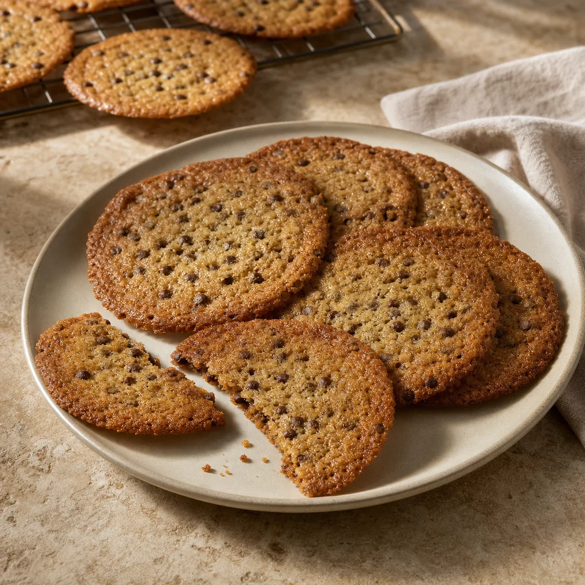 Dünne knusprige Schoko-Cookies auf einem Keramikteller