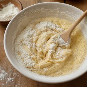 Glossy peanut butter cookie dough in a mixing bowl
