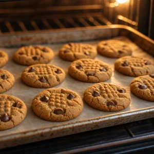 Golden peanut butter cookies baking in the oven