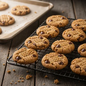 Peanut butter chocolate chip cookies cooling on a wire rack