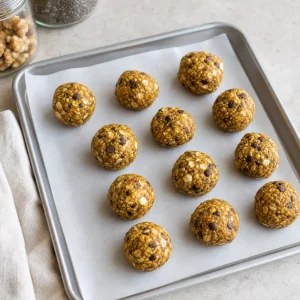 Portioned peanut butter cookie dough balls on a tray
