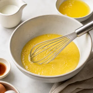 Eggs, milk, melted butter, and vanilla whisked together.