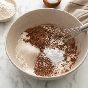 Flour mixture with espresso powder whisked in a bowl.