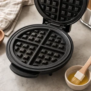 Open waffle iron preheating on the kitchen counter.