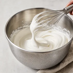 Creme batido em picos macios em uma tigela gelada