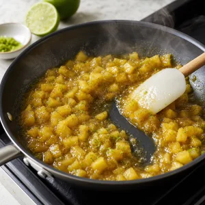 Calda de abacaxi e limão cozinhando até ficar brilhante