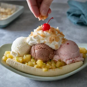 Coco tostado salpicado sobre o banana split pronto