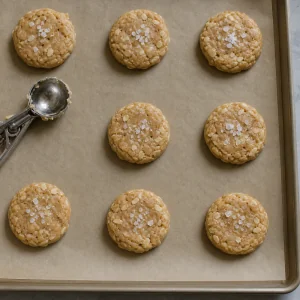 Discos de massa de cookie de coco espaçados no papel manteiga