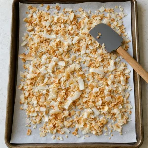 Lascas de coco levemente tostadas em uma assadeira