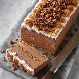 Semifreddo s’mores tagliato con strati visibili di cioccolato e cracker