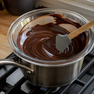 Cioccolato fondente lucido che si scioglie a bagnomaria