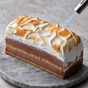 Crema marshmallow tostata con il cannello sul semifreddo al cioccolato