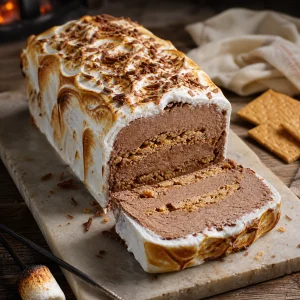 Semifreddo de s’mores de chocolate fatiado com cobertura de marshmallow tostado