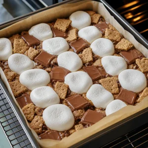 Marshmallow gonfi e cioccolato morbido nella teglia