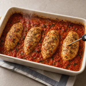 Baked chicken in tomato sauce checked with a thermometer