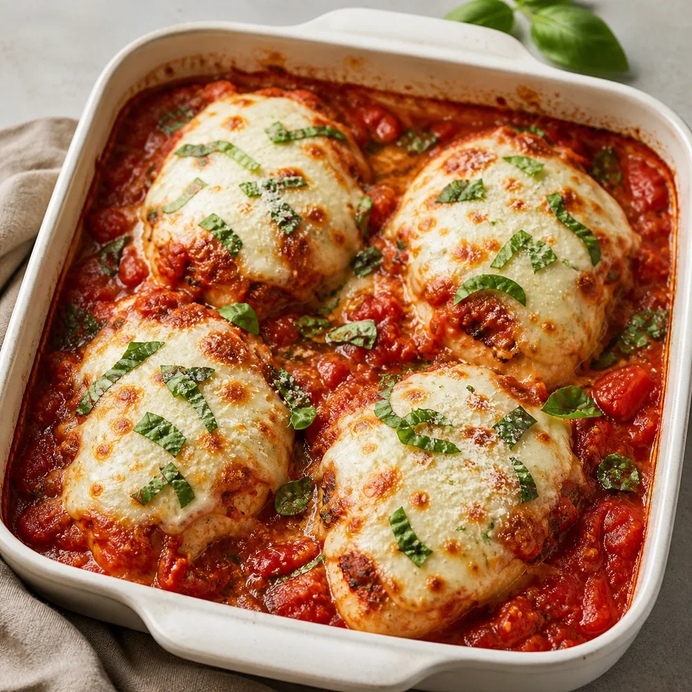 Baked chicken with melted mozzarella in tomato basil sauce