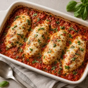 Finished mozzarella chicken topped with fresh basil