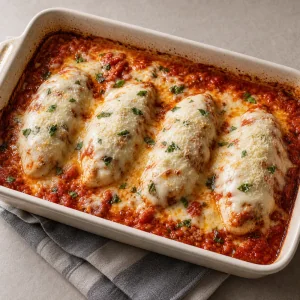 Melted mozzarella covering chicken in tomato sauce