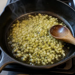 Minced garlic sizzling in olive oil