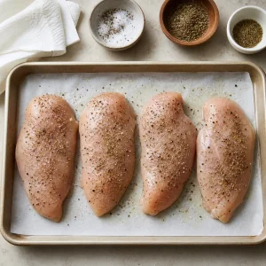 Raw chicken breasts seasoned with pepper and herbs