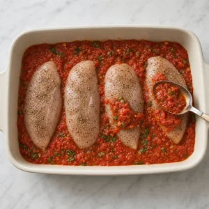 Seasoned chicken breasts nestled in tomato sauce