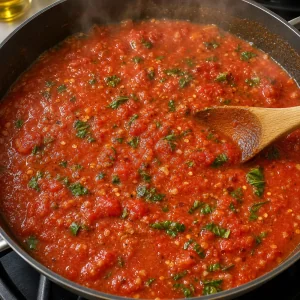 Tomato basil sauce simmering in a skillet