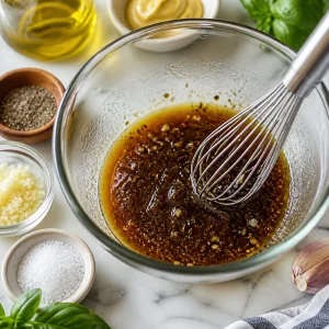 Balsamic dressing being whisked in a glass bowl