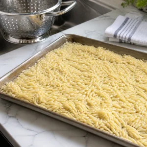 Cooked orzo cooling on a rimmed baking sheet