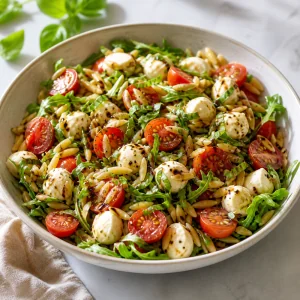 Finished tomato mozzarella orzo salad in a bowl