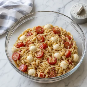 Orzo salad resting with tomatoes and mozzarella