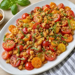 으깬 크루통과 바질을 올린 드레싱 토마토