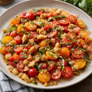 Ensalada de tomate terminada con picatostes triturados y albahaca