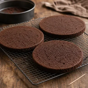 Chocolate sponge cake layers cooling on a wire rack