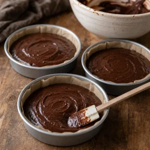 Dark chocolate batter smoothed in lined cake pans