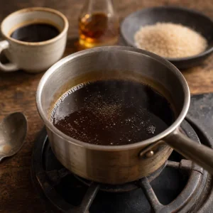 Dark espresso syrup simmering in a small saucepan