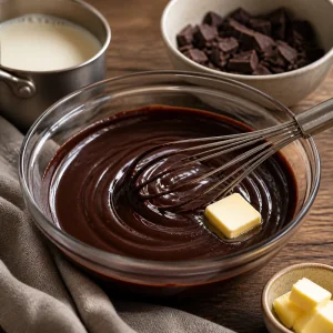 Glossy dark chocolate ganache whisked with butter