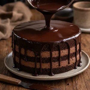 Glossy ganache dripping over a chocolate layer cake