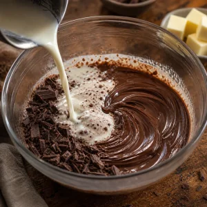 Hot cream melting chopped dark chocolate in a bowl