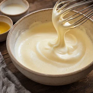 Pale egg and sugar mixture ribboning from a whisk