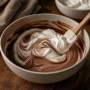 Whipped cream folded into chocolate mousse