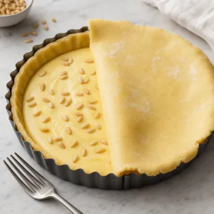 Crostata alla crema assemblata con pinoli e copertura di frolla pronta da sigillare