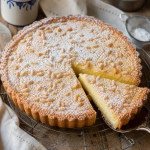 Torta della Nonna finita spolverata di zucchero a velo e tagliata per mostrare la crema