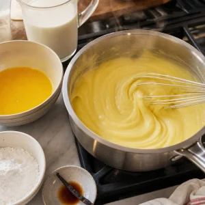Crema pasticcera alla vaniglia lucida che si addensa in una casseruola per la Torta della Nonna