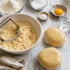 Pasta frolla mescolata con burro freddo e avvolta per raffreddare per la Torta della Nonna