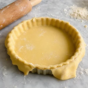Pasta frolla stesa in uno stampo scanalato con eccesso sui bordi