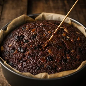Torta nera alla frutta cotta controllata con uno stecchino