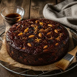 Torta scura raffreddata spennellata con rum su una griglia