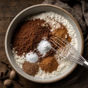 Farina, cacao e spezie calde mescolati in una ciotola